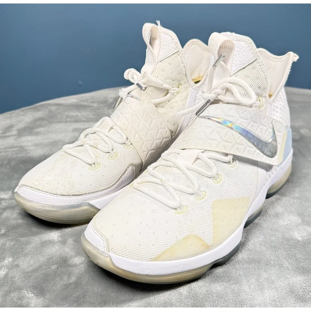 Nike LeBron 14 Mens 13 White Gold Chrome Basketball Shoes Sneakers
